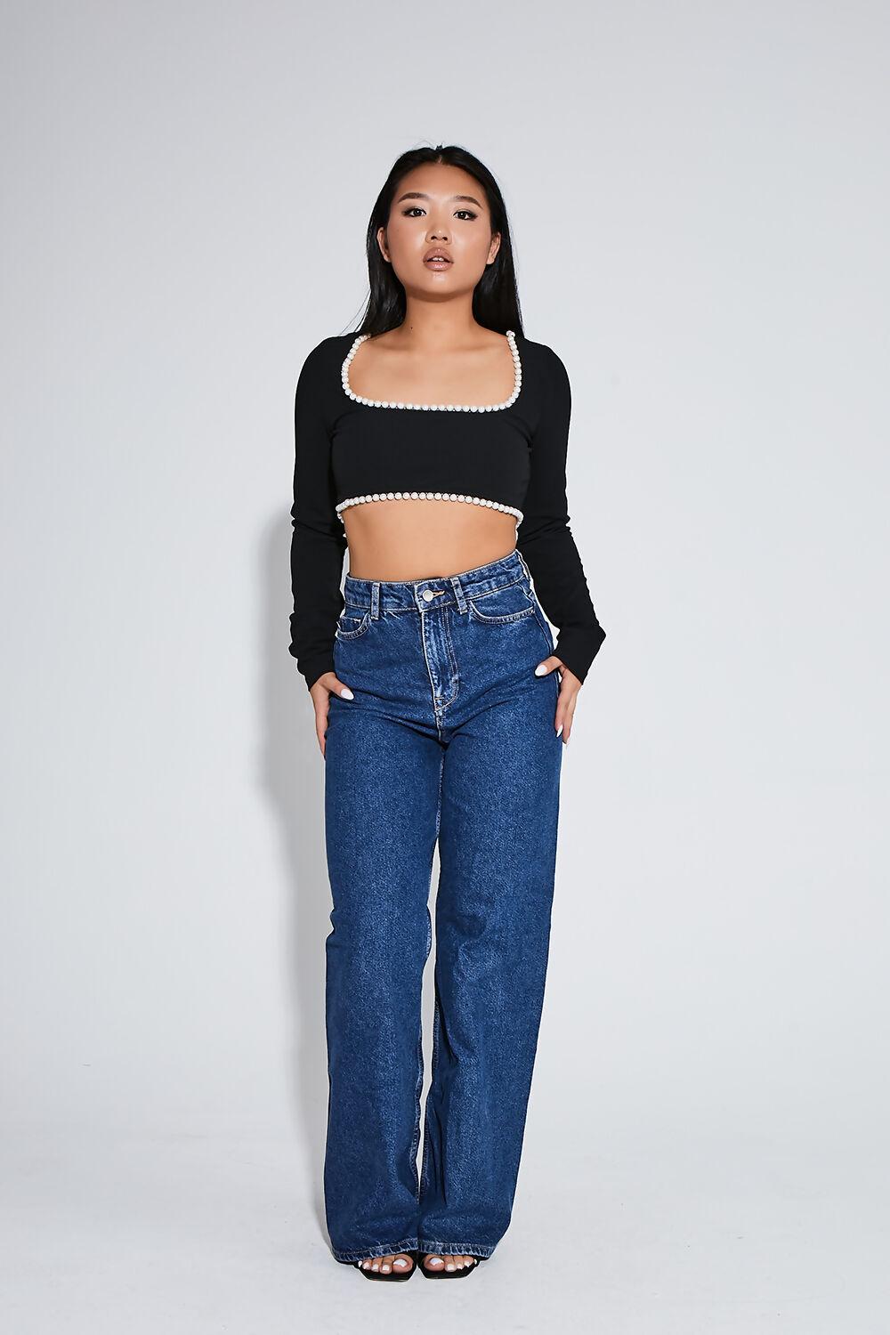 Saint Genies Leanne Black Long Sleeve Pearl Trim Square Neck Crop Top