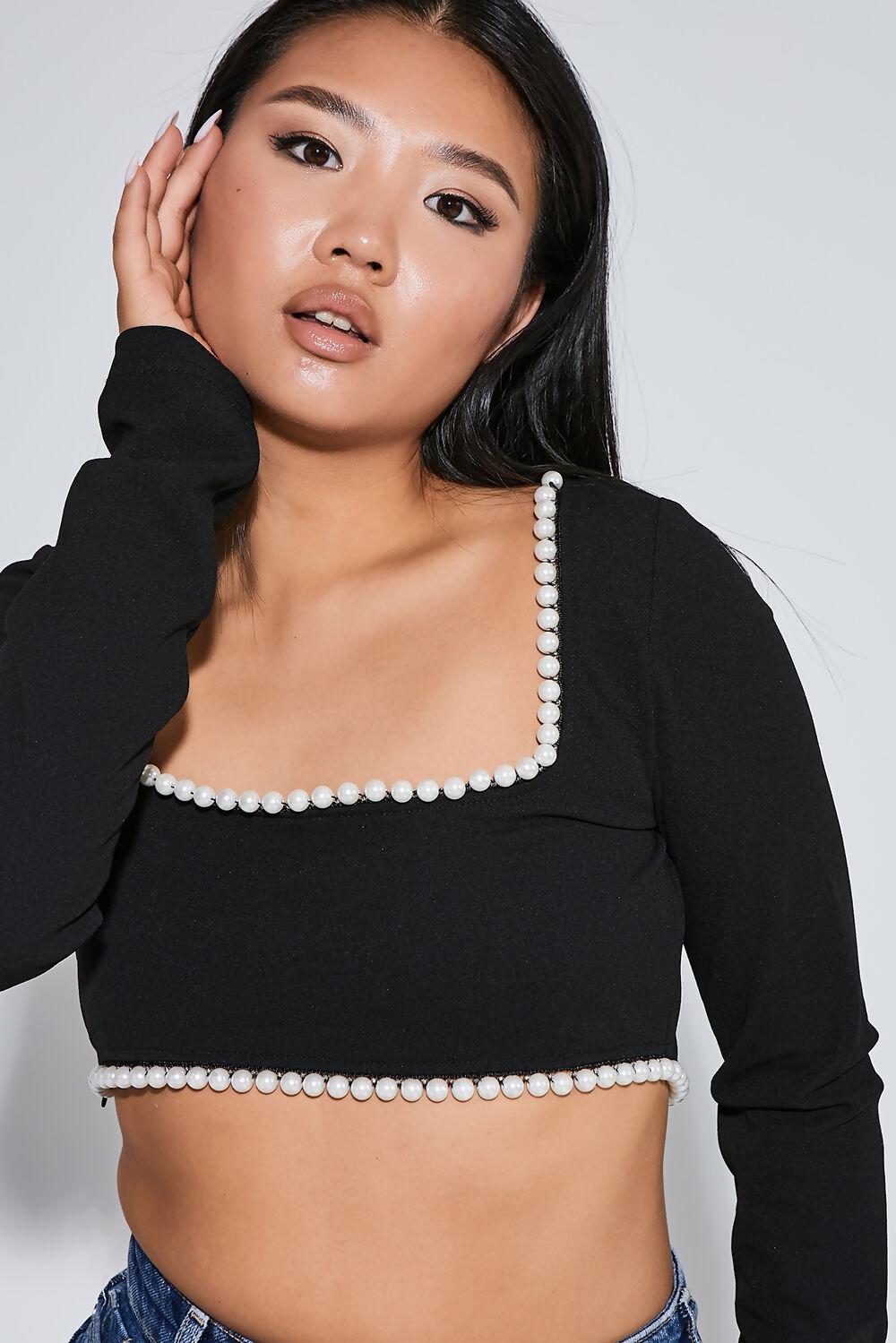 saint genies Leanne Black Long Sleeve Pearl Trim Square neck Crop Top