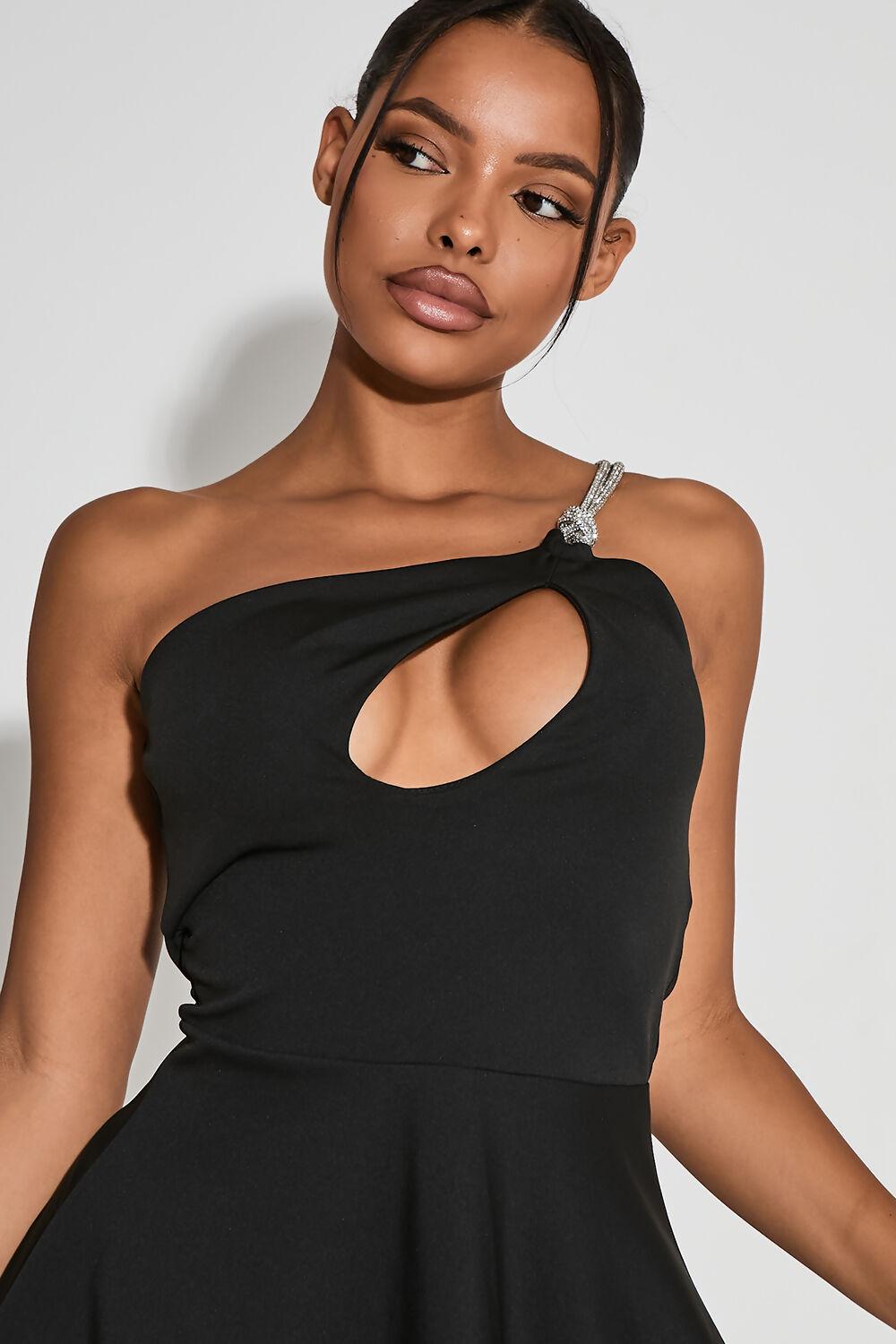 Saint Genies Leila Black One Shoulder Diamante Cutout Skater Dress