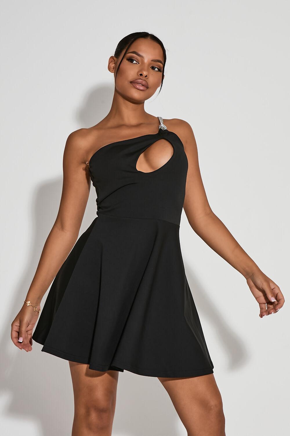 saint genies Leila Black One Shoulder Diamante Cutout Skater Dress