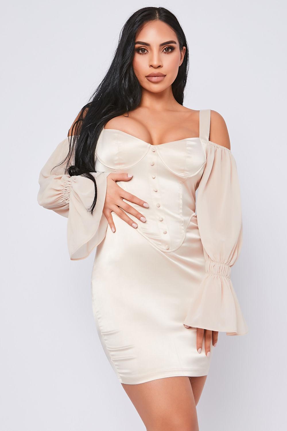 Saint Genies Letitia Champagne Satin Corset Mini Dress With Chiffon Puff Sleeves