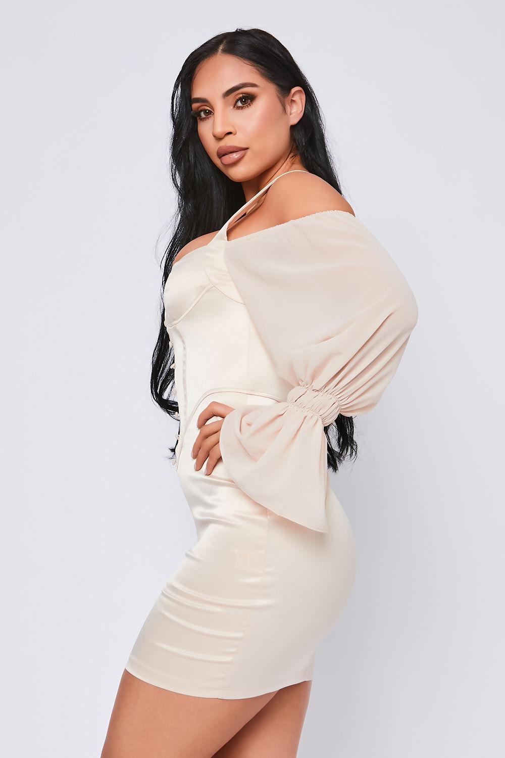Saint Genies Letitia Champagne Satin Corset Mini Dress With Chiffon Puff Sleeves