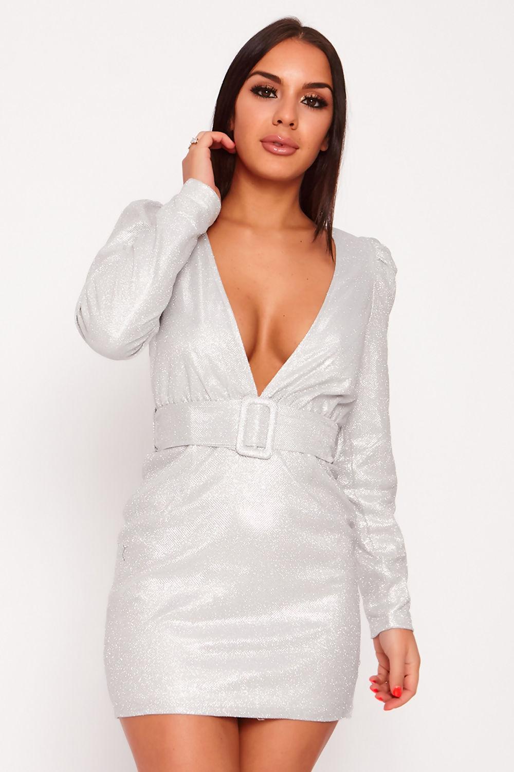 Saint Genies Lexi Iridescent Silver Puff Sleeve Belted Plunge Dress