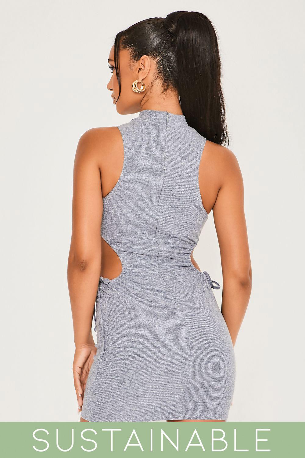 Saint Genies Lottie Grey Blue Recycled Rib High Neck Cut Out Waist Drawstring Mini Dress