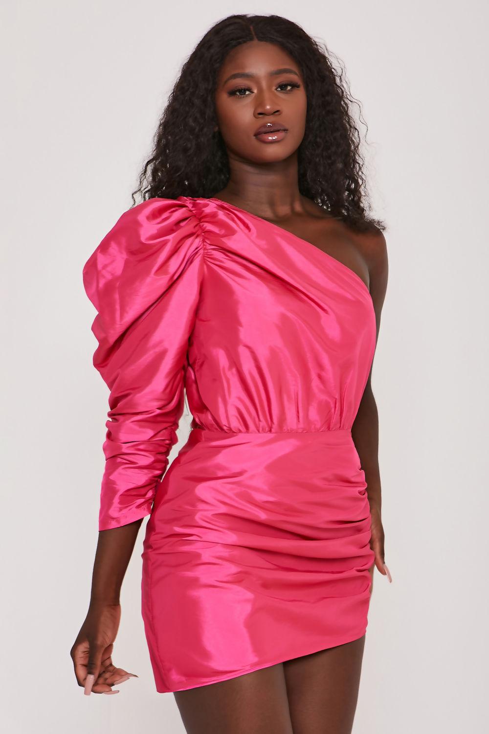 Saint Genies Louella Hot Pink Taffeta One Shoulder Puff Sleeve Dress
