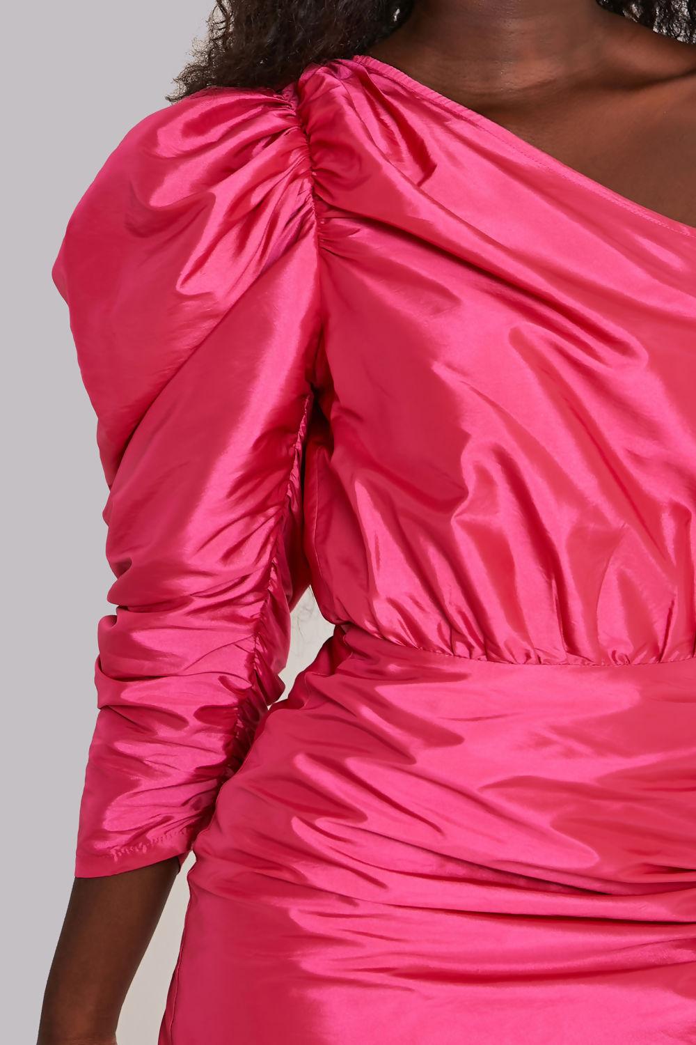 Saint Genies Louella Hot Pink Taffeta One Shoulder Puff Sleeve Dress