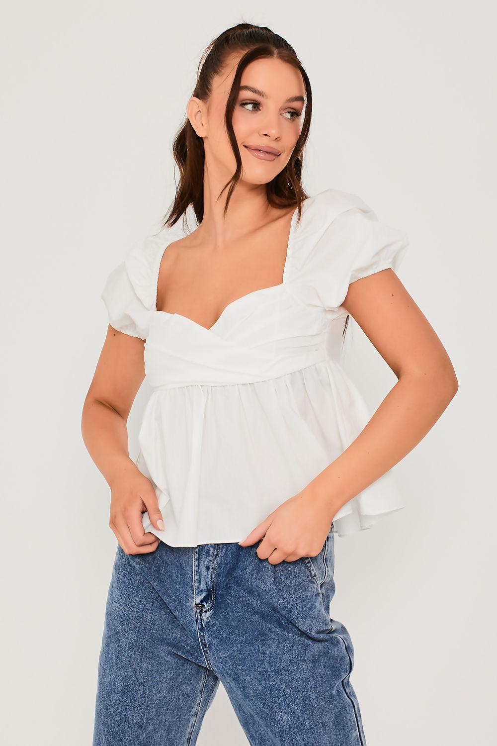 Saint Genies Lourdes White Cotton Poplin Ruched Puff Sleeve Top