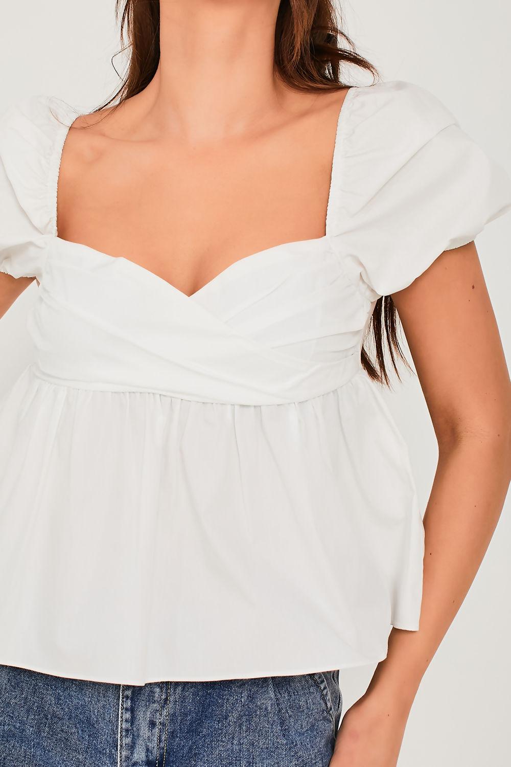 Saint Genies Lourdes White Cotton Poplin Ruched Puff Sleeve Top