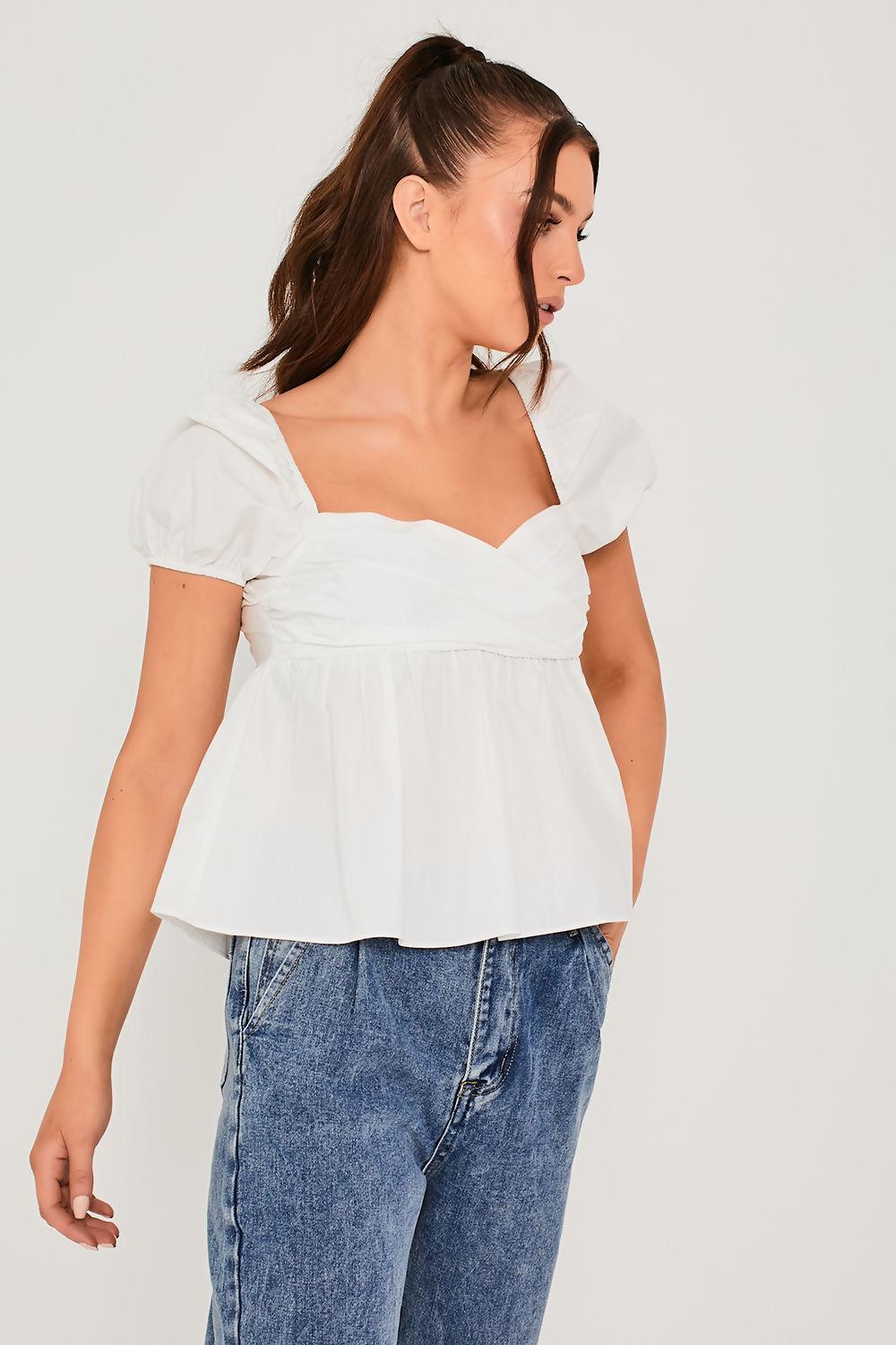 Saint Genies Lourdes White Cotton Poplin Ruched Puff Sleeve Top