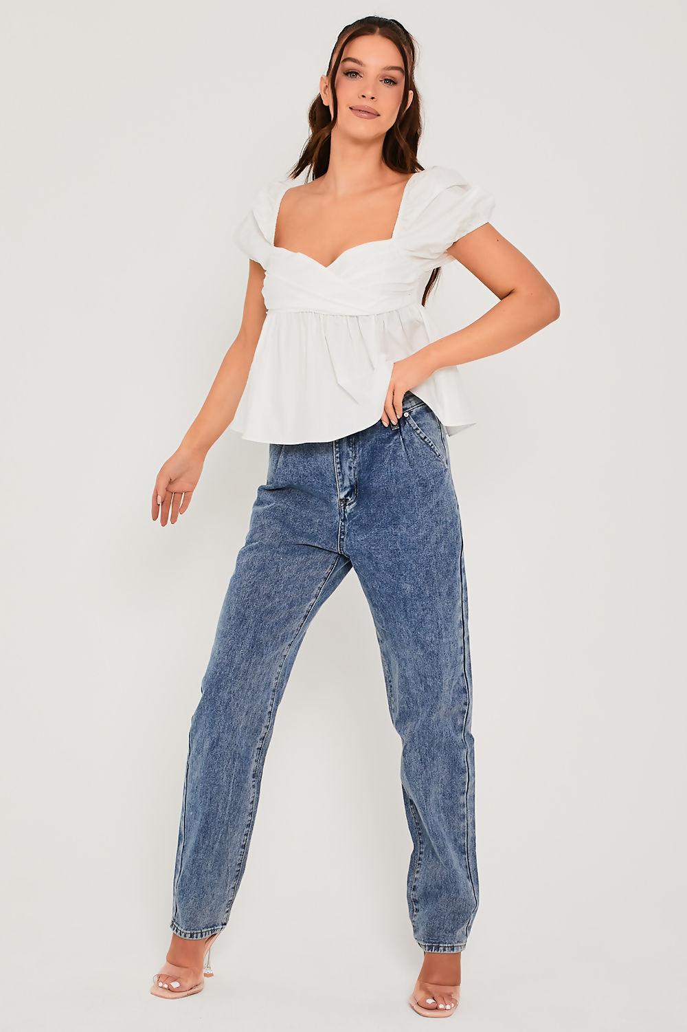 saint genies Lourdes White Cotton Poplin Ruched Puff Sleeve Top