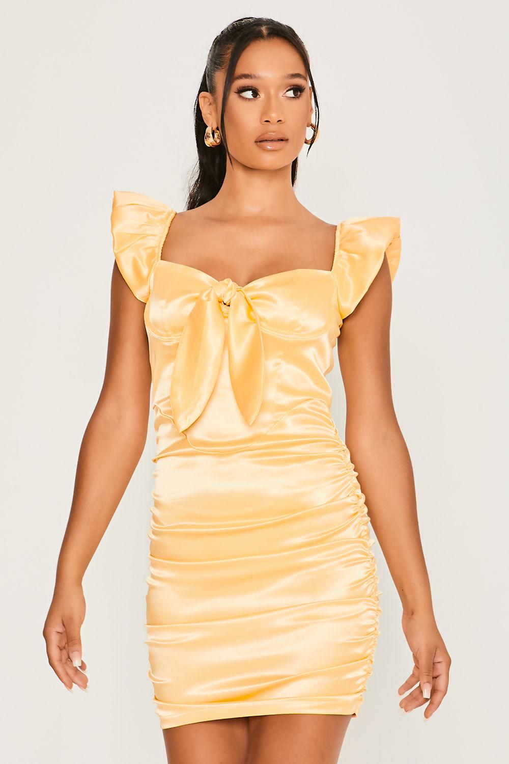 Saint Genies Lucinda Yellow Satin Tie Front Corset Mini Dress With Puff Sleeves