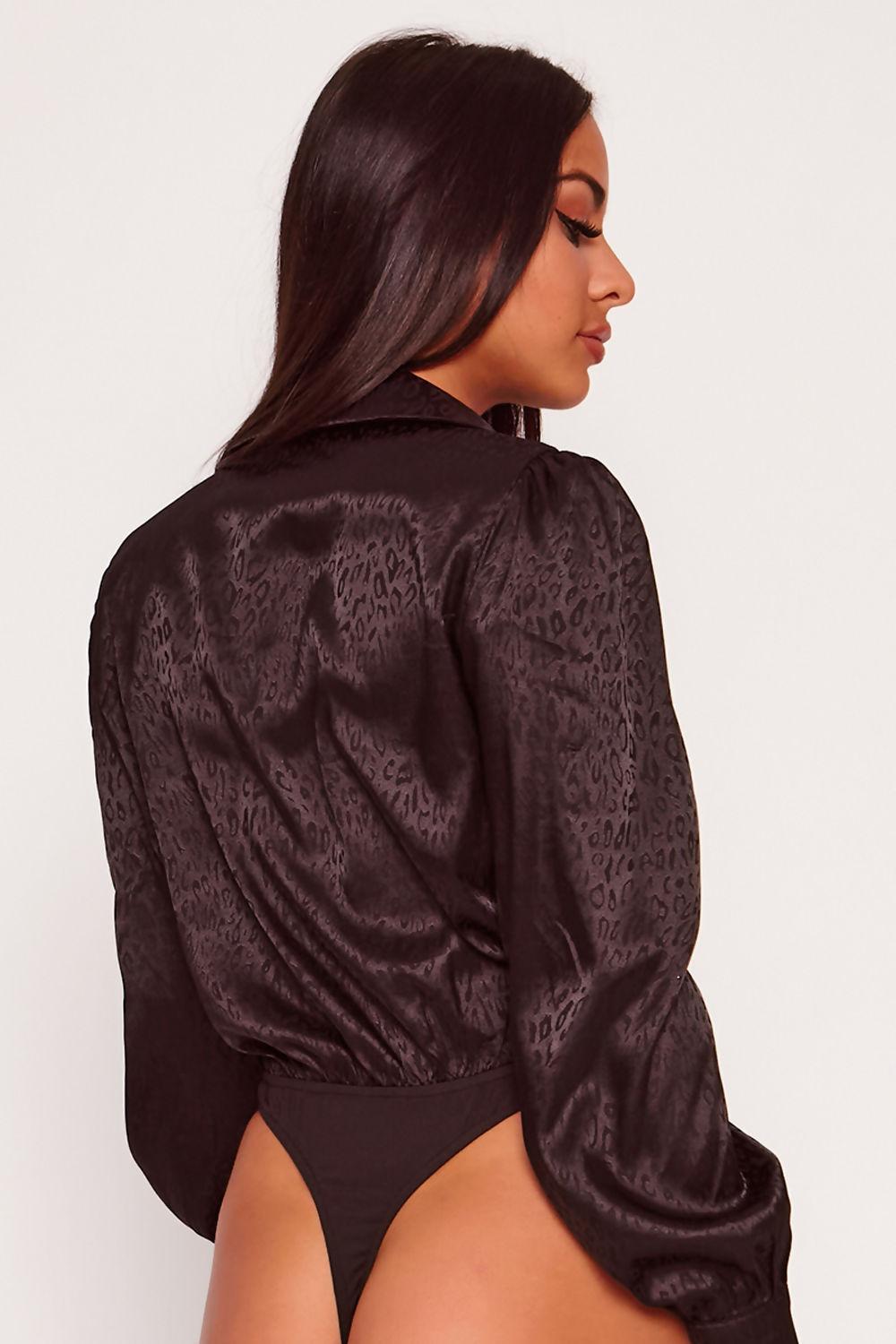 Saint Genies Luna Black Leopard Jacquard Satin Button Down Thong Bodysuit