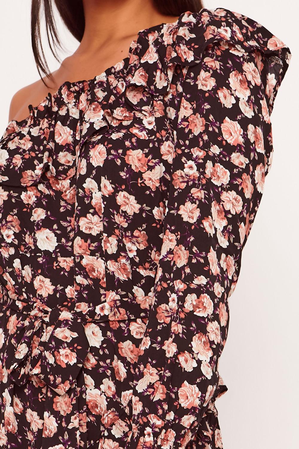 Saint Genies Lylah Black Floral One Shoulder Ruffle Hem Mini Dress