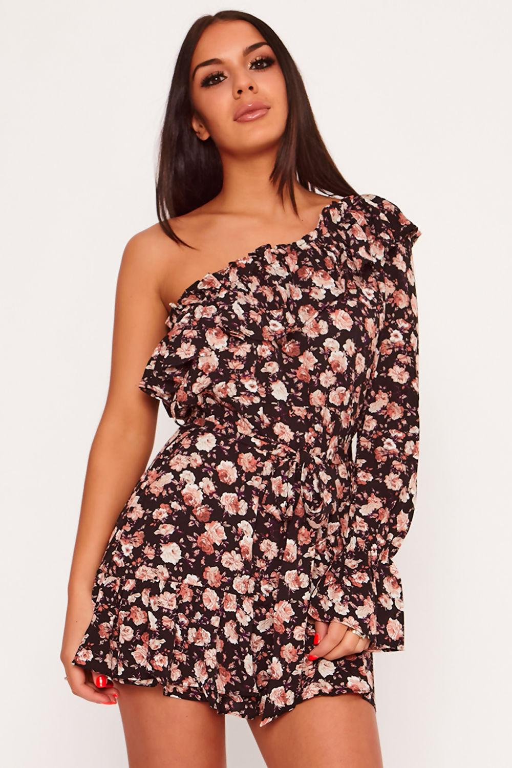 saint genies Lylah Black Floral One Shoulder Ruffle Hem Mini Dress