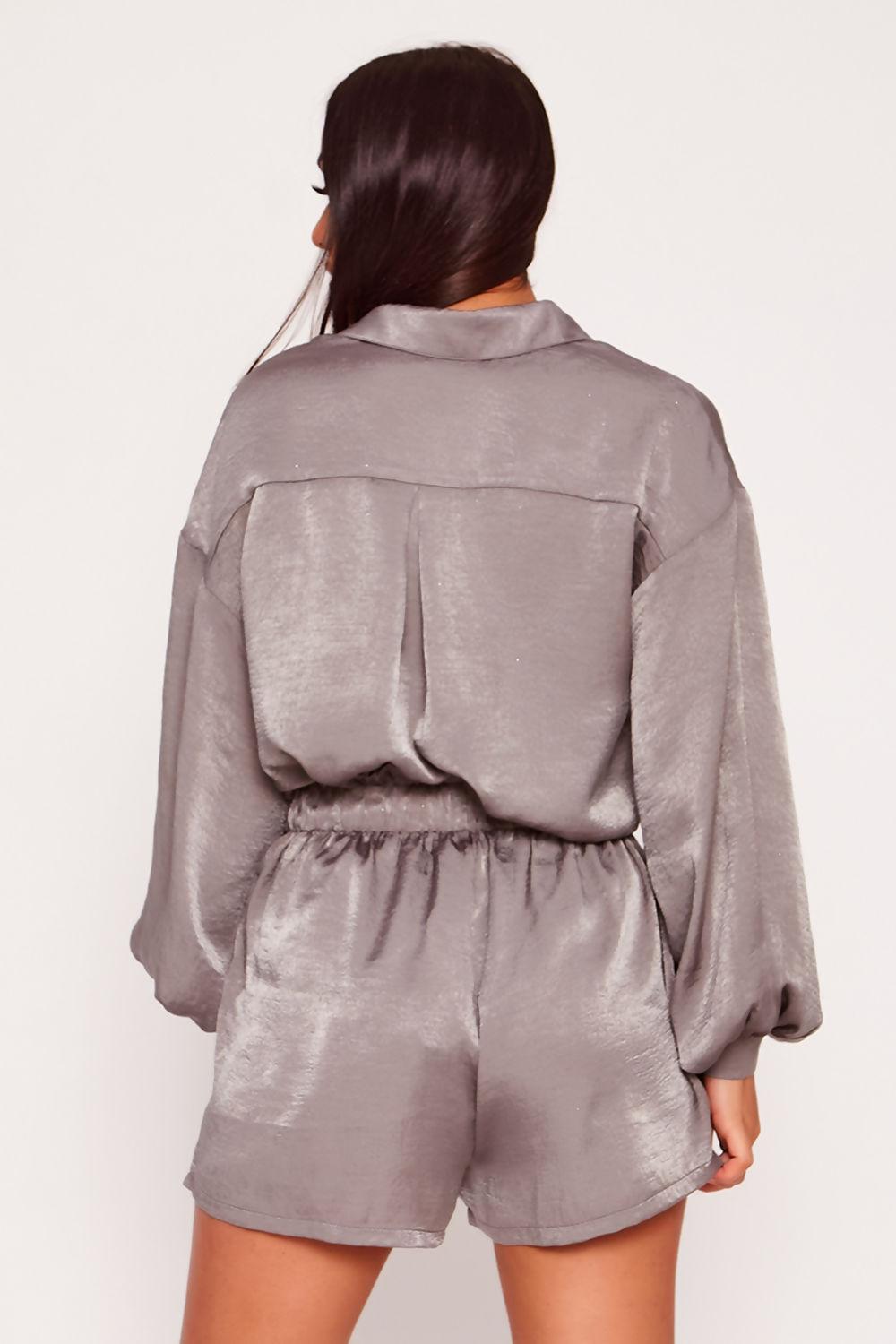 Saint Genies Lyra Grey Silky Button Tab High Waist Shorts