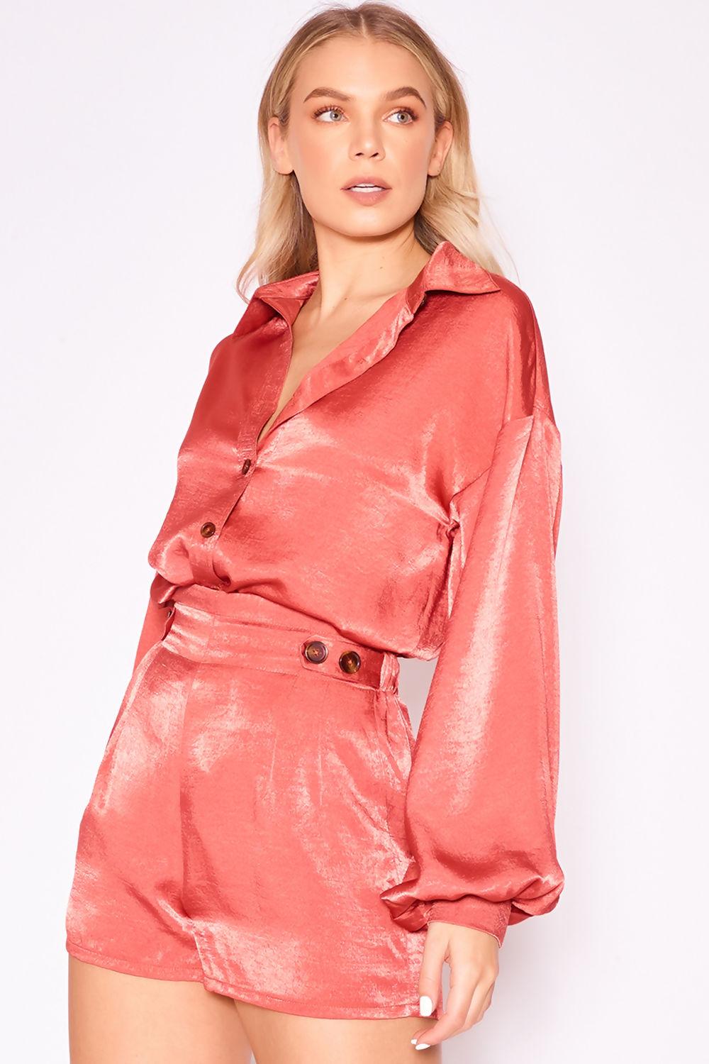 saint genies Lyra Rust Silky Button Tab High Waist Shorts