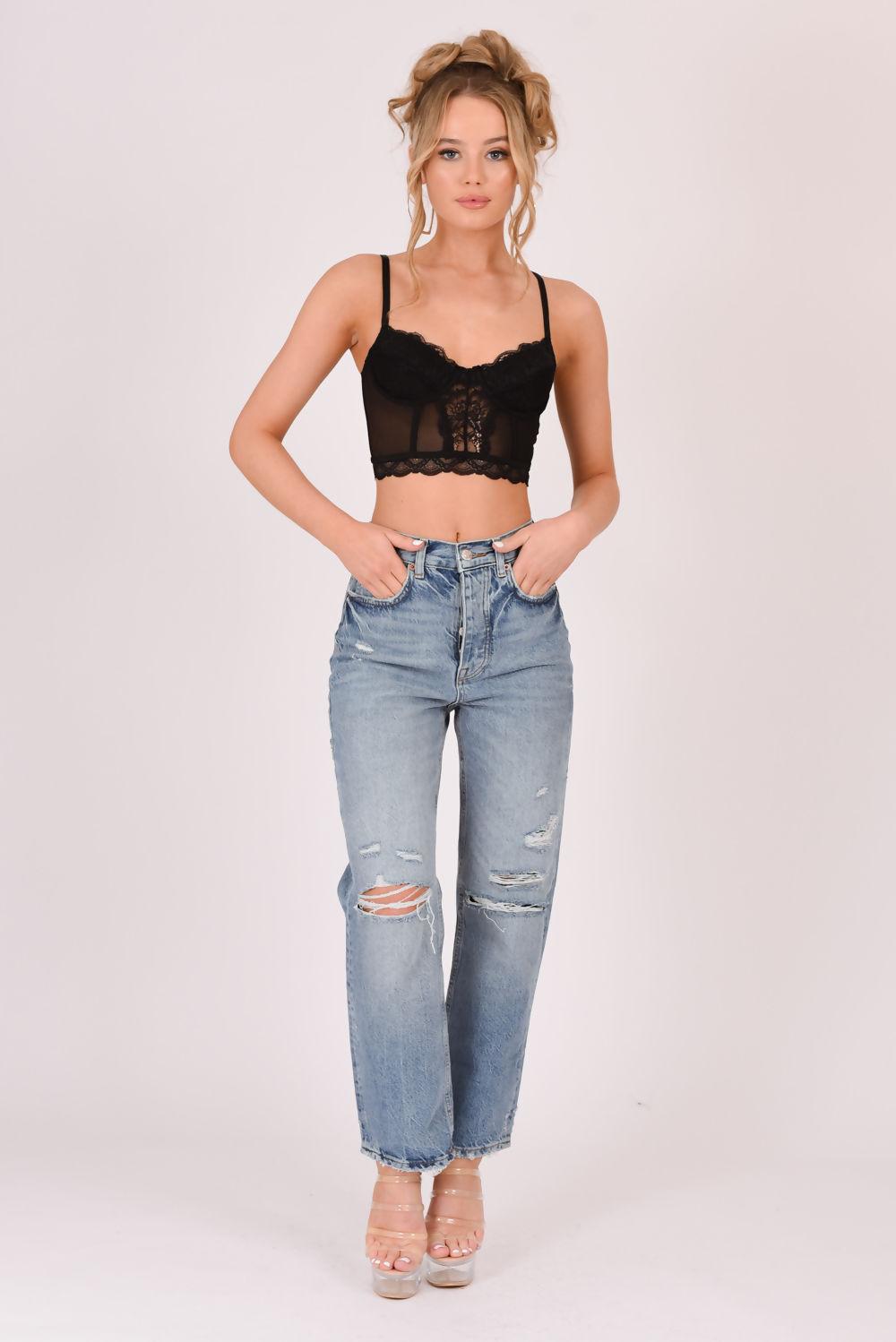 Saint Genies Mabel Black Mesh Cropped Underwired Bralette With Lace Trim