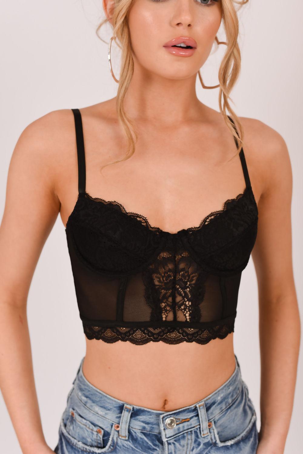 Saint Genies Mabel Black Mesh Cropped Underwired Bralette With Lace Trim