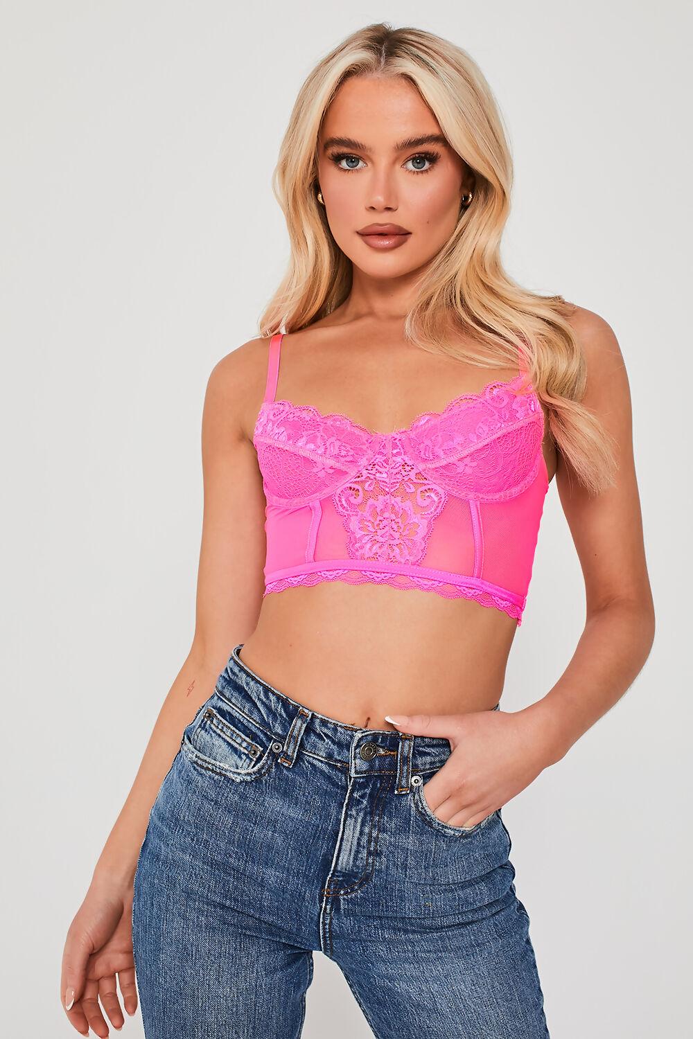 saint genies Mabel Hot Pink Mesh Cropped Underwired Bralette With Lace Trim