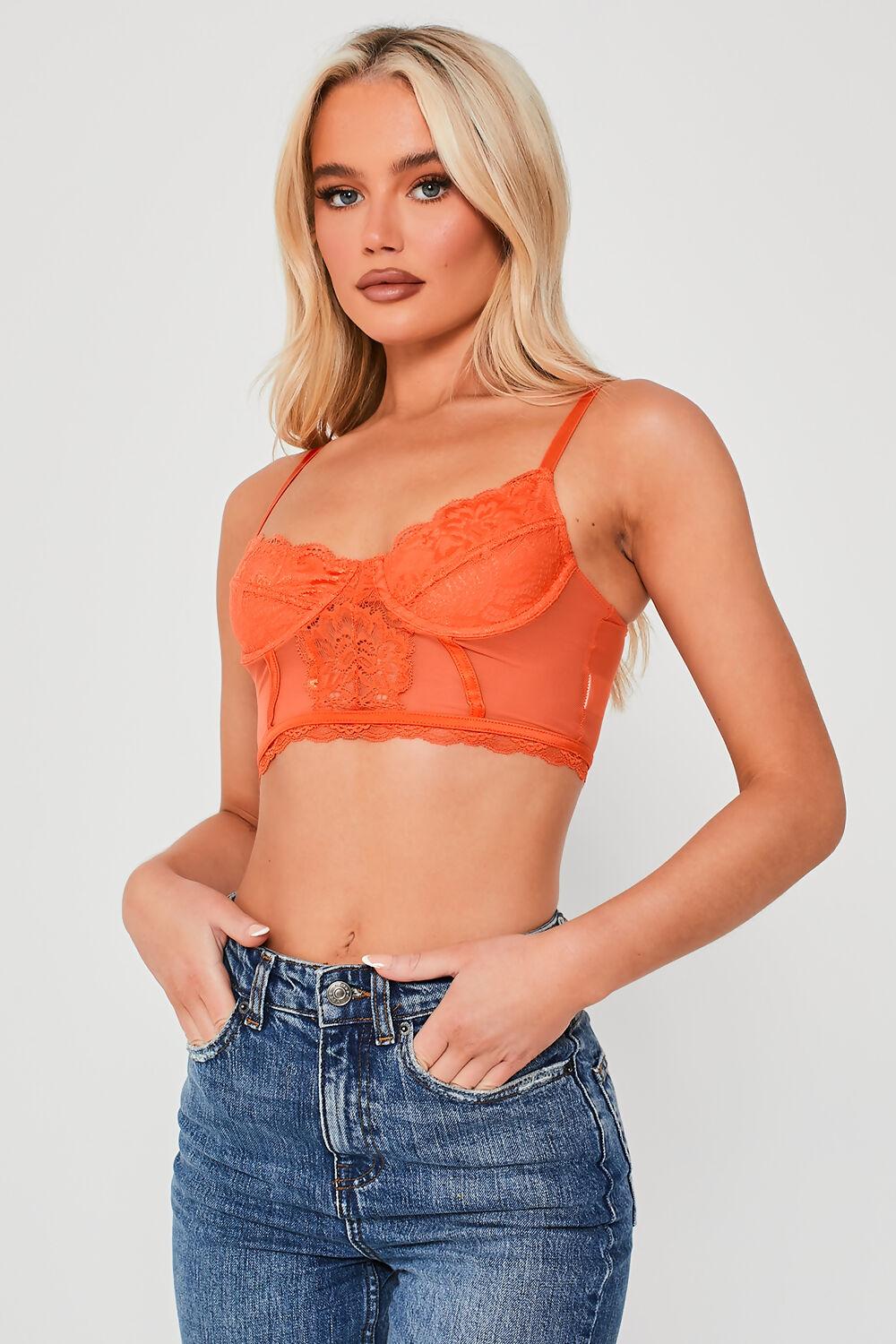 Saint Genies Mabel Orange Mesh Cropped Underwired Bralette With Lace Trim