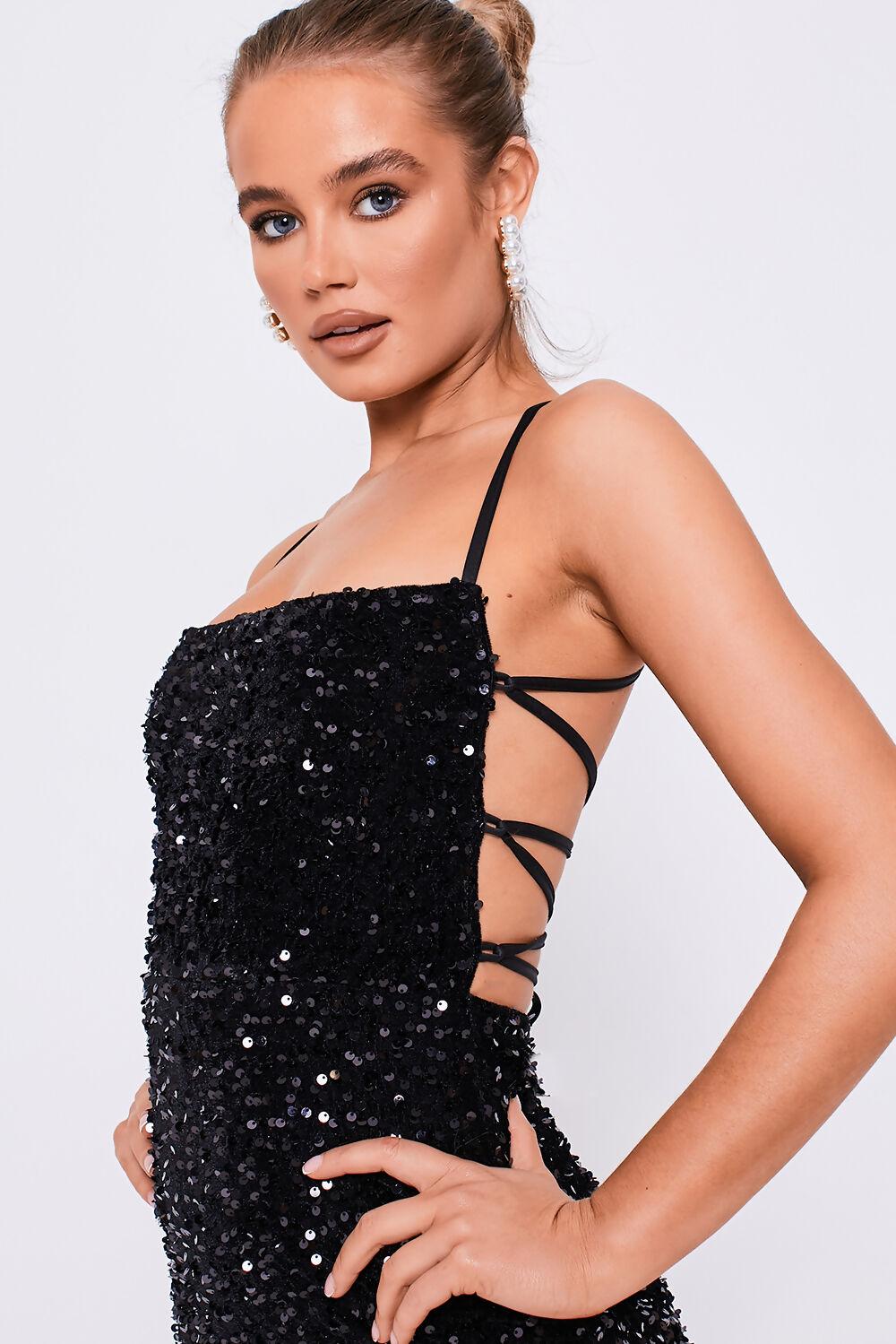 Saint Genies Maddison Black Square Neckline Lace Back Mini Sequin Dress