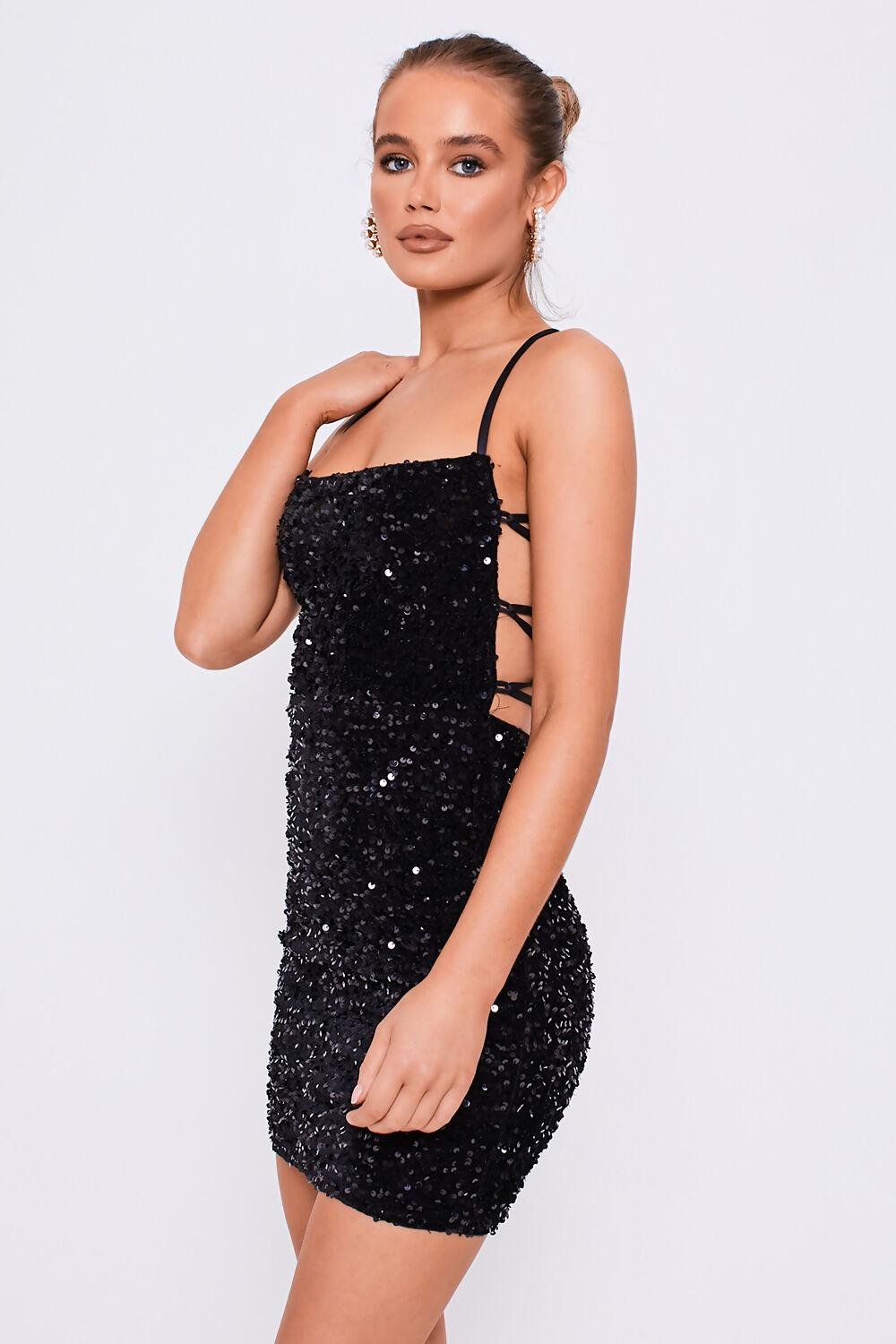 Saint Genies Maddison Black Square Neckline Lace Back Mini Sequin Dress