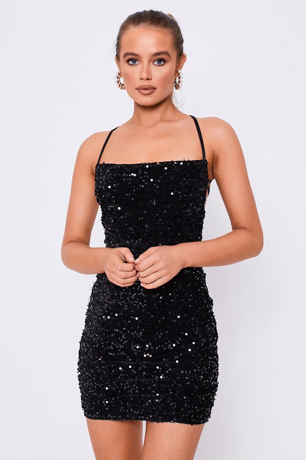saint genies Maddison Black Square Neckline Lace Back Mini Sequin Dress