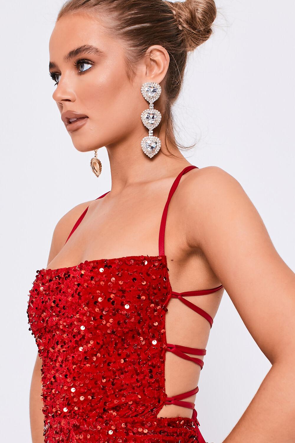 Saint Genies Maddison Red Square Neckline Lace Back Mini Sequin Dress