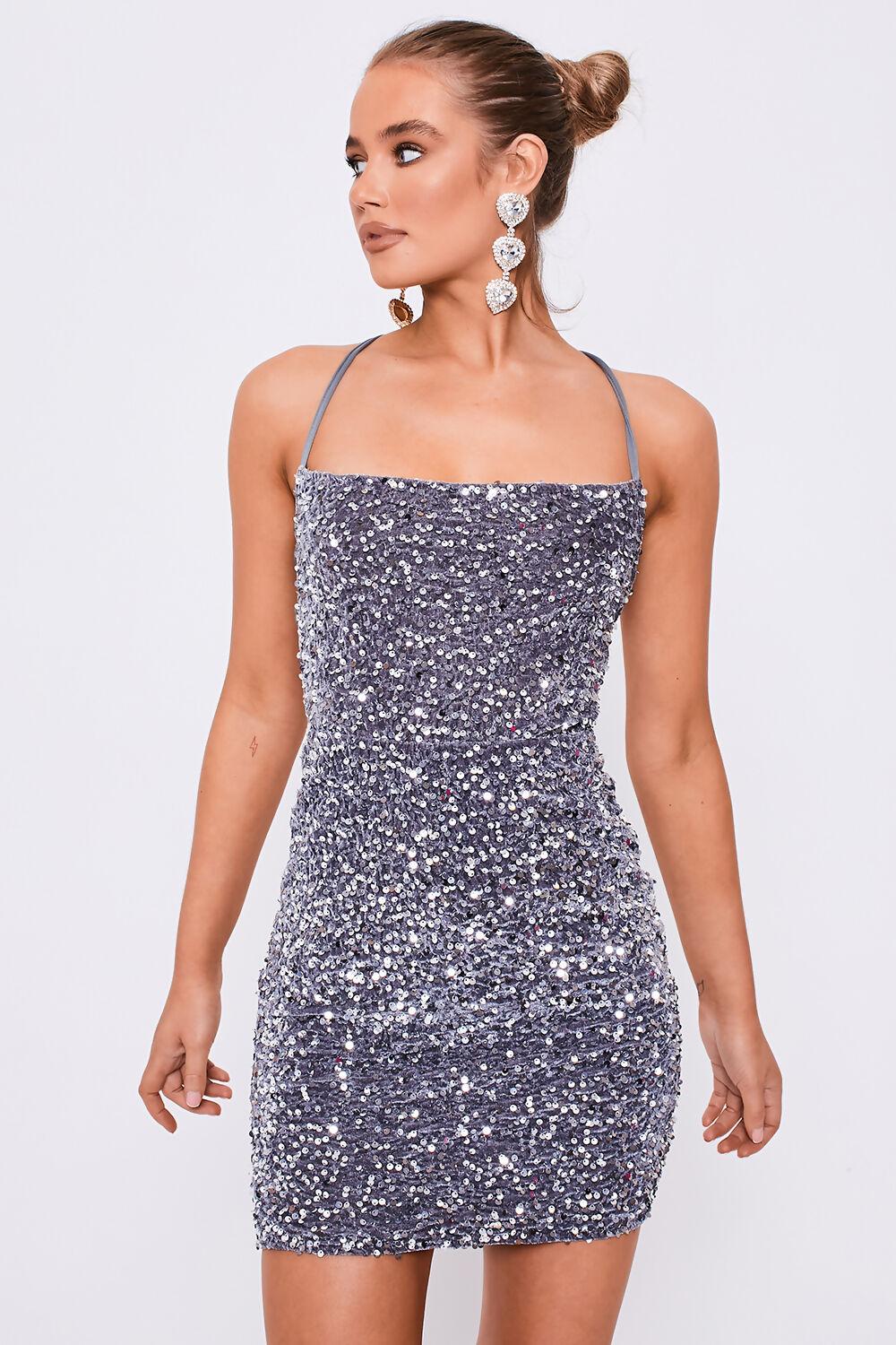 Saint Genies Maddison Silver Square Neckline Lace Back Mini Sequin Dress