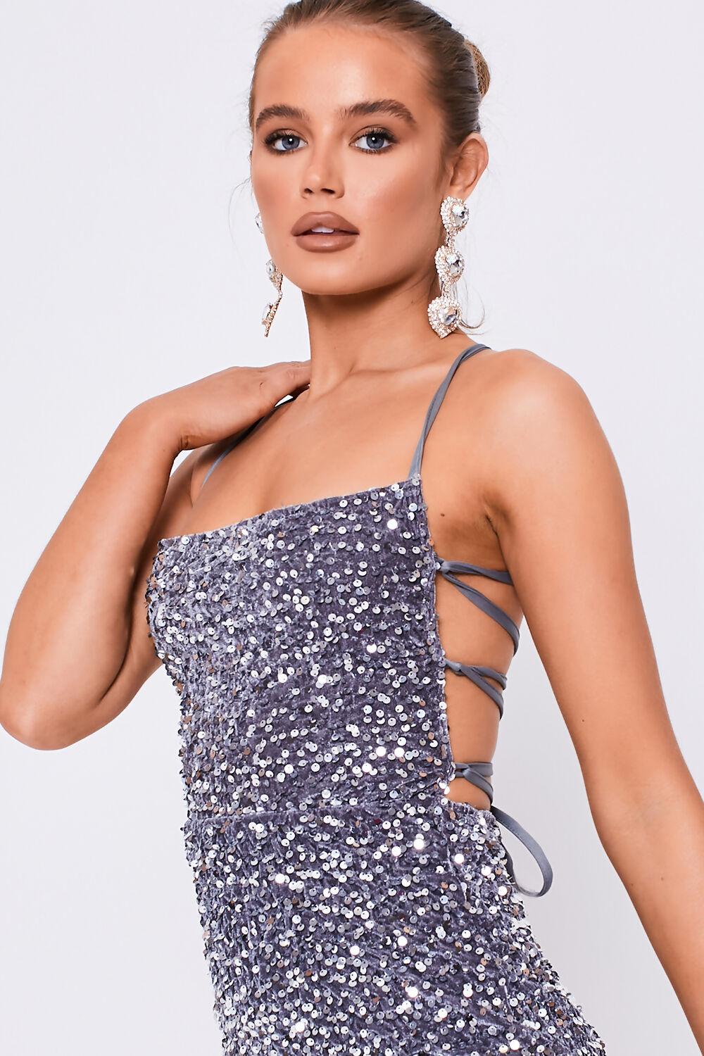 Saint Genies Maddison Silver Square Neckline Lace Back Mini Sequin Dress