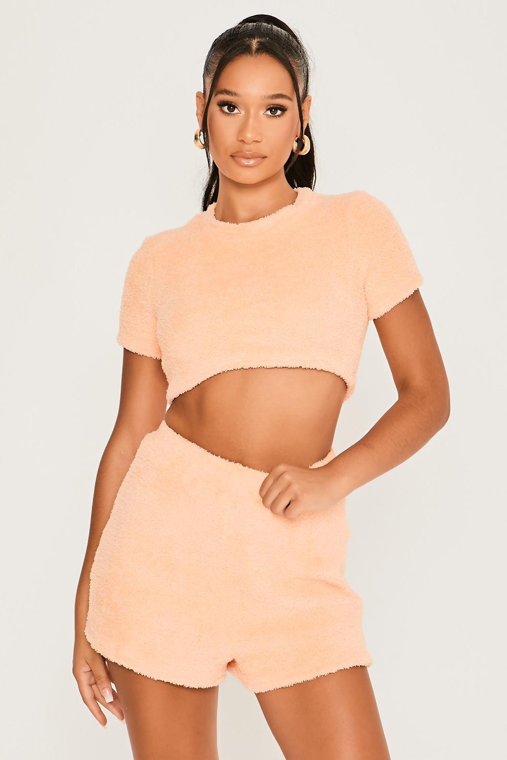 Saint Genies Maeve Coral Fluffy Cropped Short T-Shirt