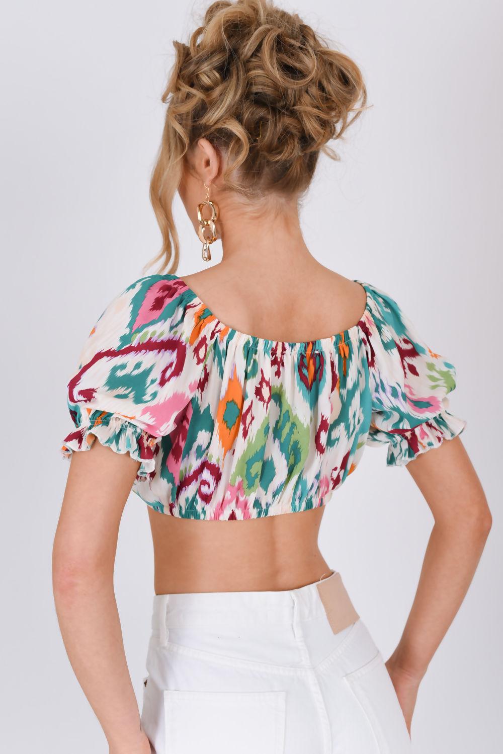 Saint Genies Margot Green Print Puff Sleeve Tie Front Crop Top