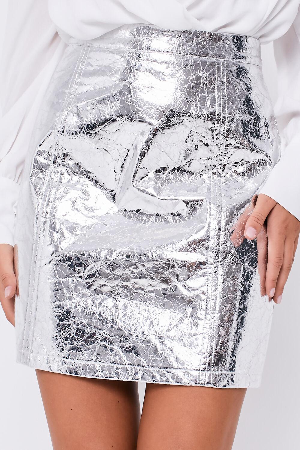 saint genies Maria Silver Croc Faux Leather A-line Mini Skirt