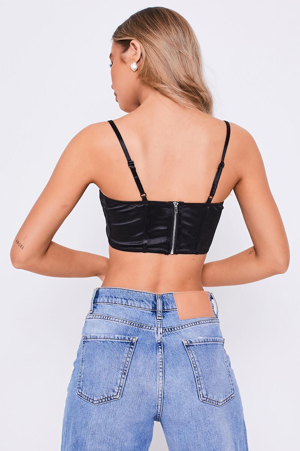 Saint Genies Martha Black Satin Strappy Crop Top With Lace Trim