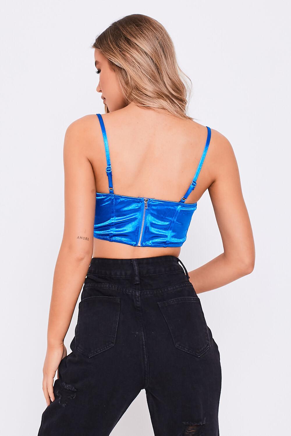 Saint Genies Martha Cobalt Satin Strappy Crop Top With Lace Trim