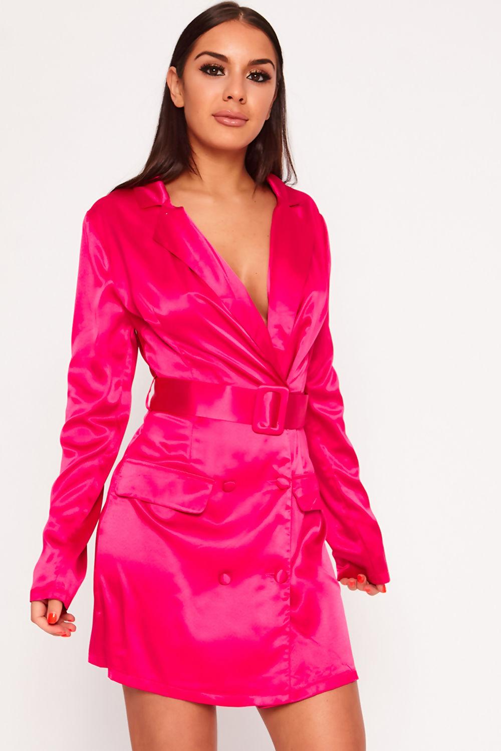 Saint Genies Maryam Hot Pink Satin Belted Blazer Dress