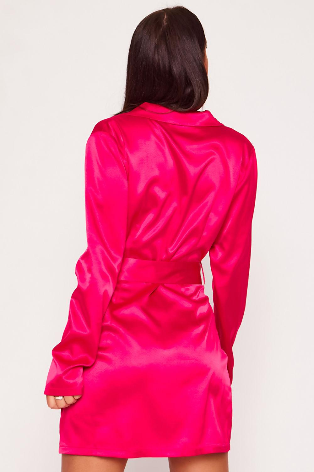Saint Genies Maryam Hot Pink Satin Belted Blazer Dress