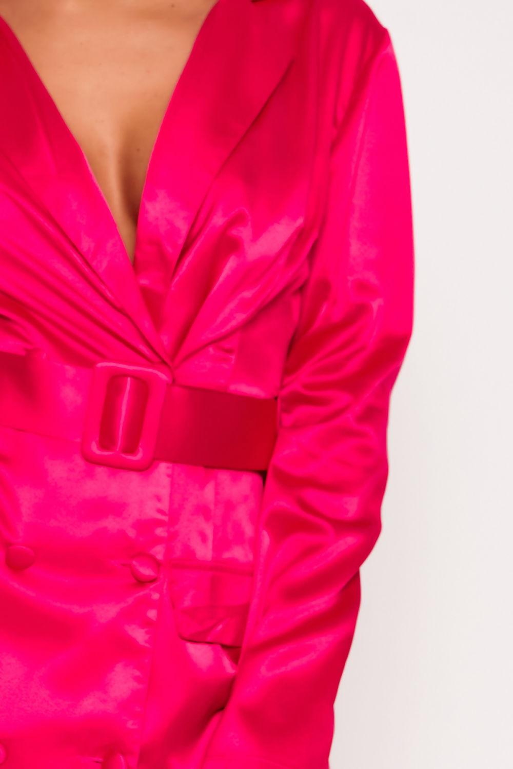 Saint Genies Maryam Hot Pink Satin Belted Blazer Dress