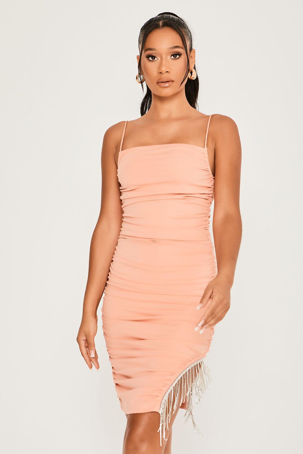 Saint Genies Megan Coral Ruched Diamante Tassel Detailed Cami Dress