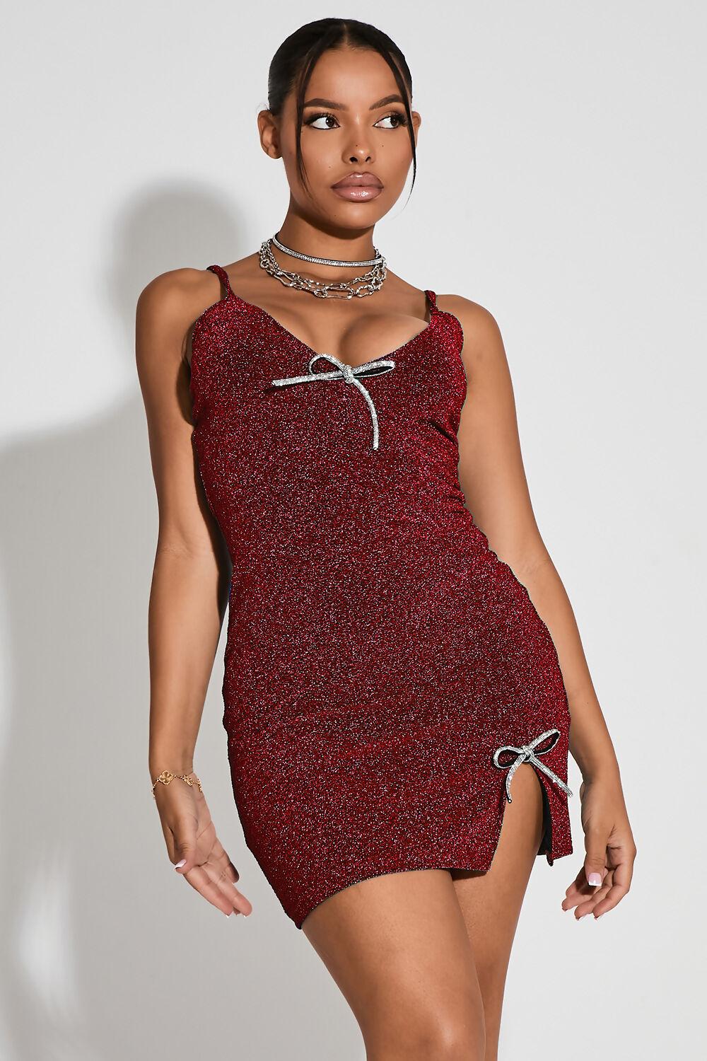 saint genies Melinda Red Glitter Diamante Bow Bodycon Mini Dress
