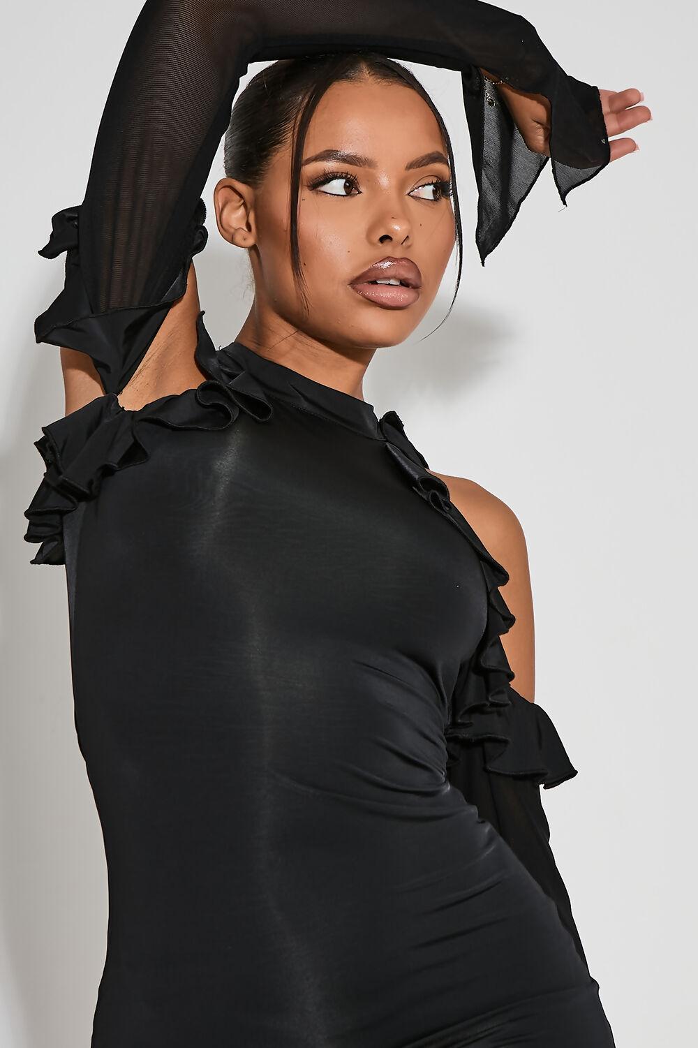 Saint Genies Melody Black Cold Shoulder Frill Detail Bodycon Mini Dress