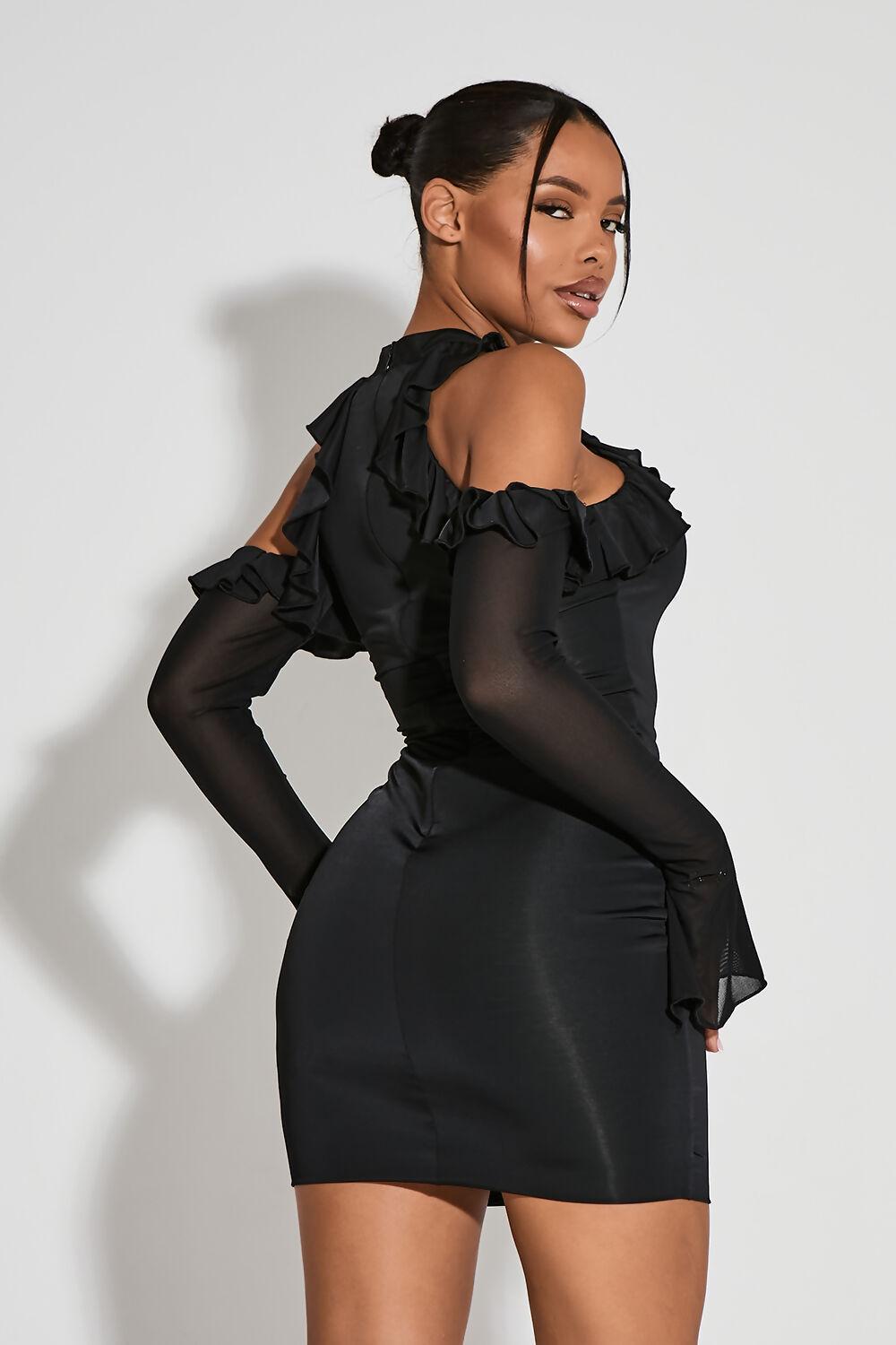 Saint Genies Melody Black Cold Shoulder Frill Detail Bodycon Mini Dress