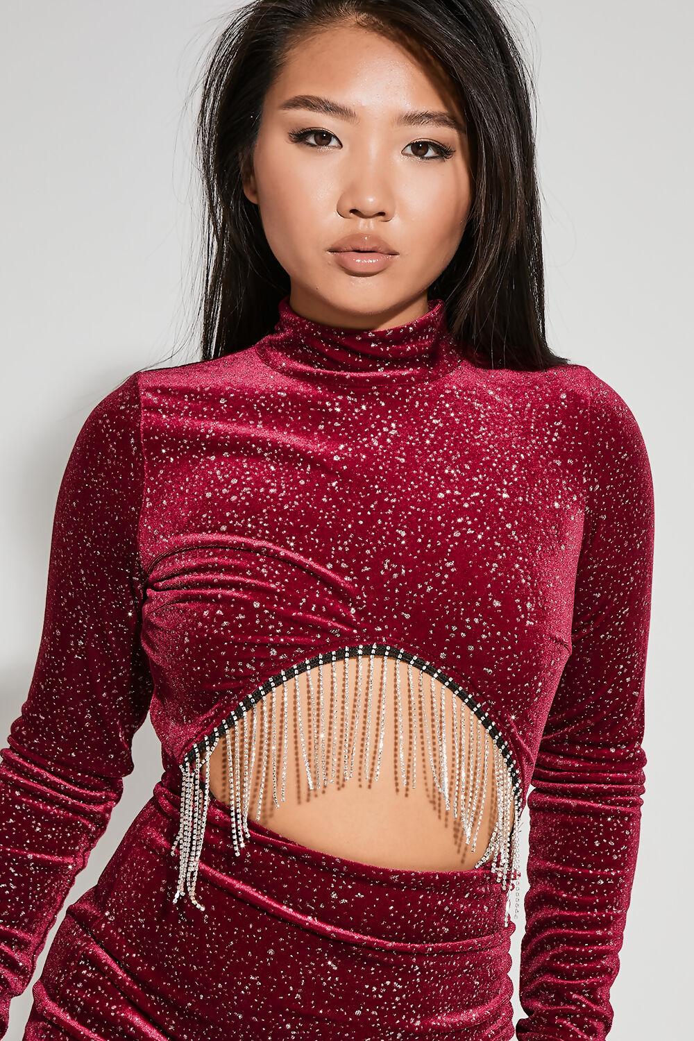 Saint Genies Milani Burgundy Long Sleeve Diamante Fringe Mini Dress