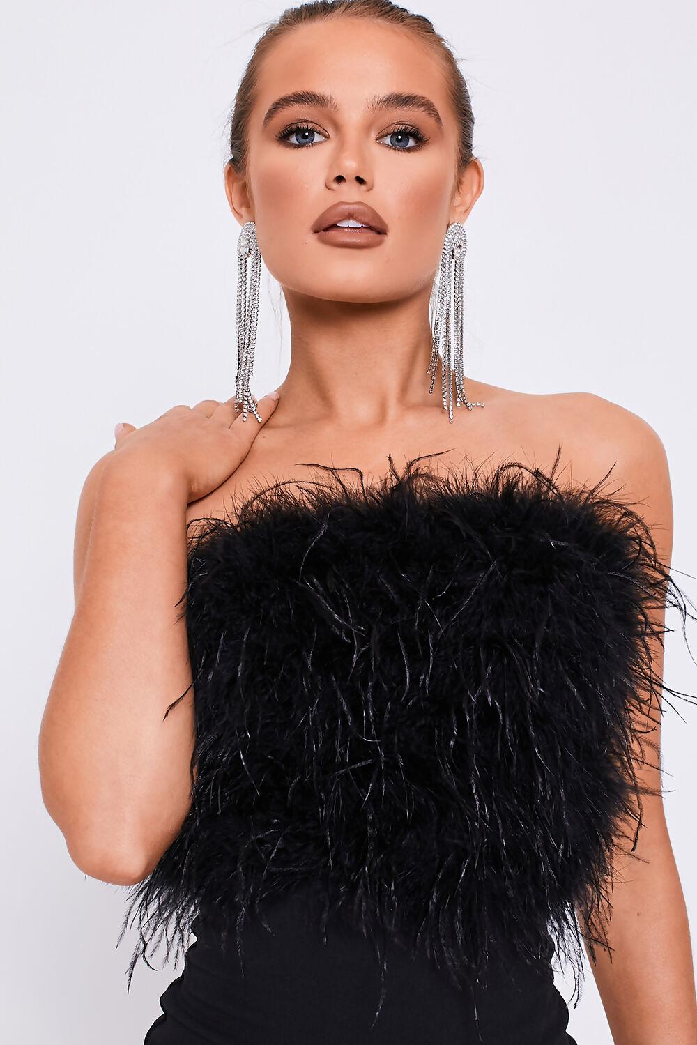 Saint Genies Millie Black Strapless Feather Mini Bodycon Dress