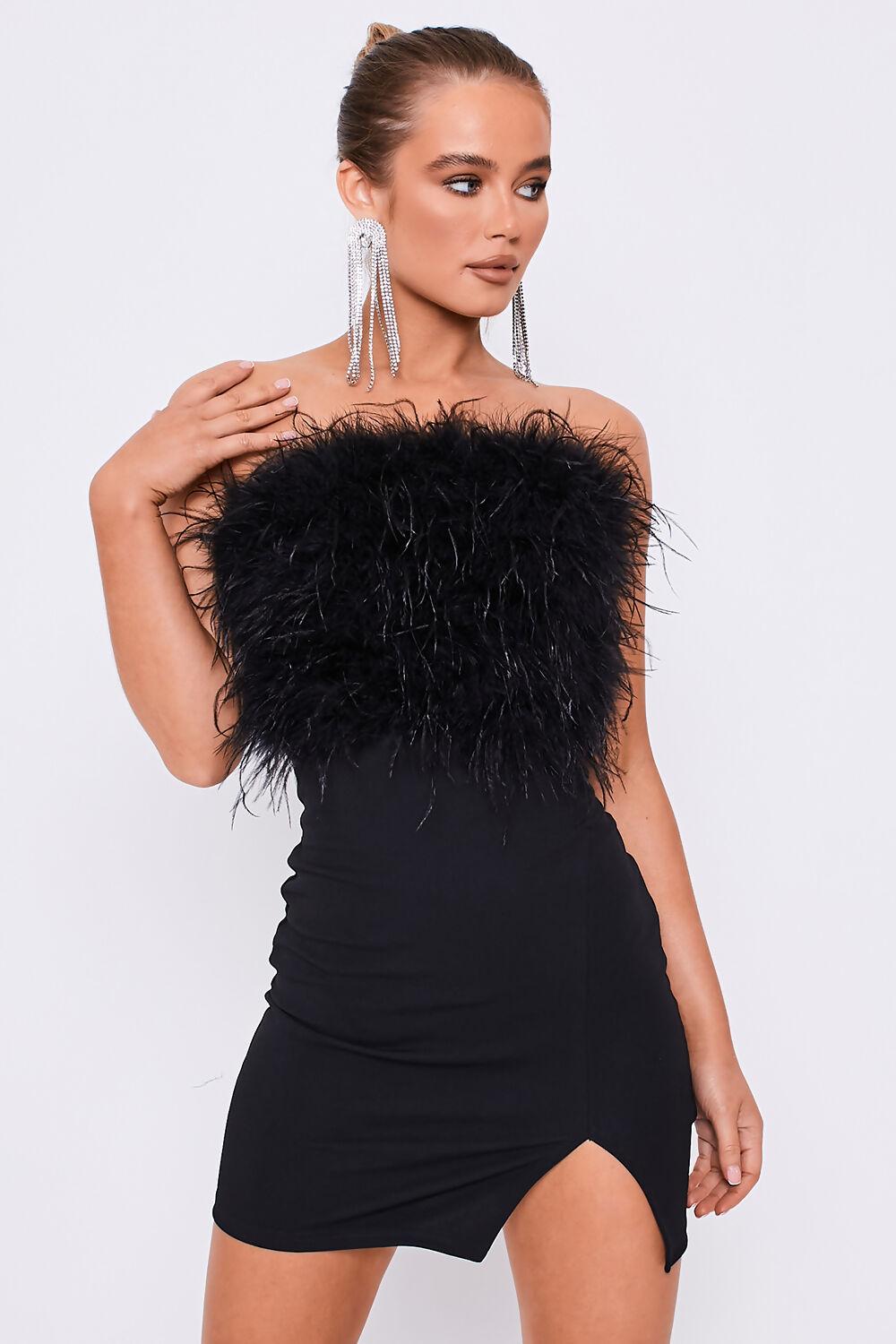 saint genies Millie Black Strapless Feather Mini Bodycon Dress