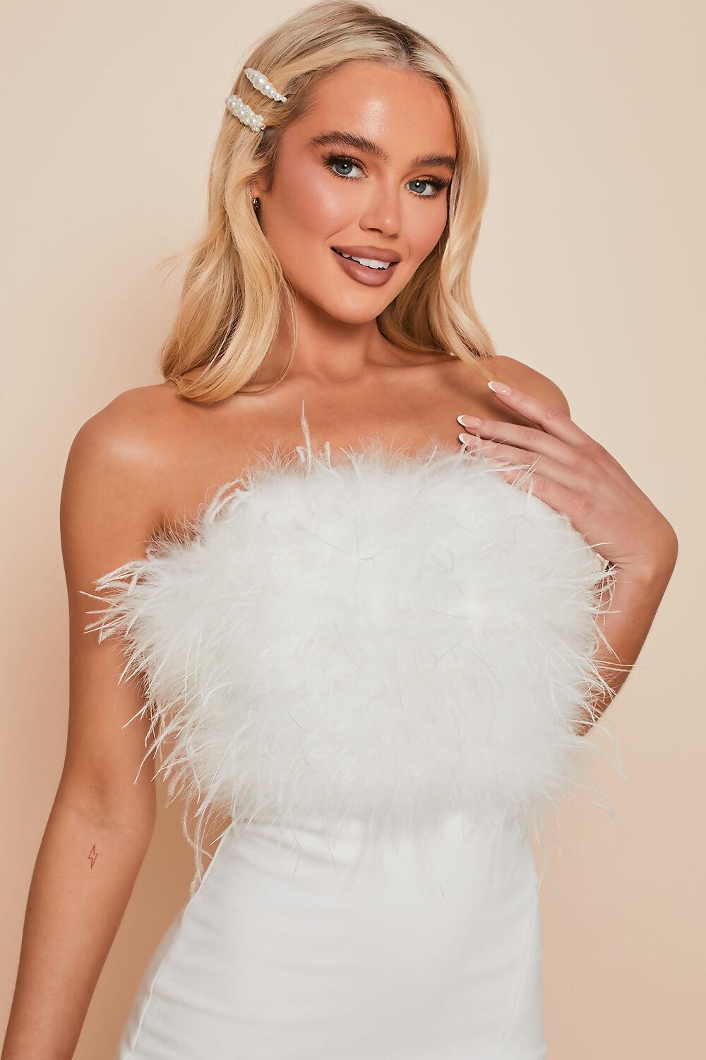 Saint Genies Millie White Strapless Feather Mini Bodycon Dress