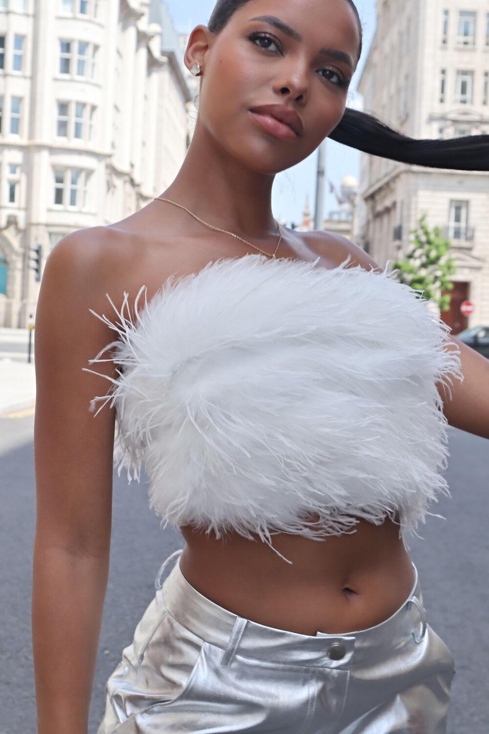 saint genies Mya White Strapless Feather Cropped Top