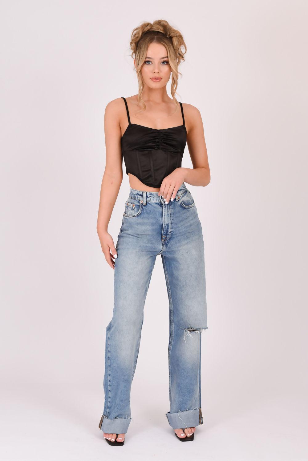 saint genies Neala Black Stretch Satin Strap Corset Top