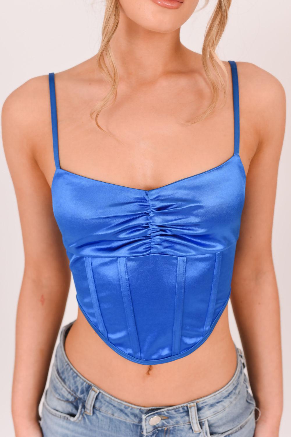 Saint Genies Neala Colbalt Stretch Satin Strap Corset Top