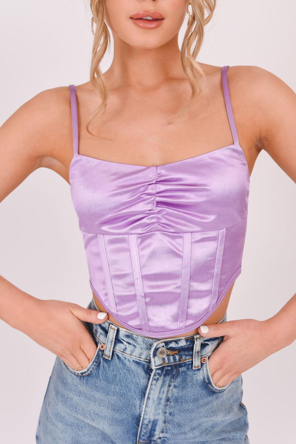 Saint Genies Neala Lilac Stretch Satin Strap Corset Top